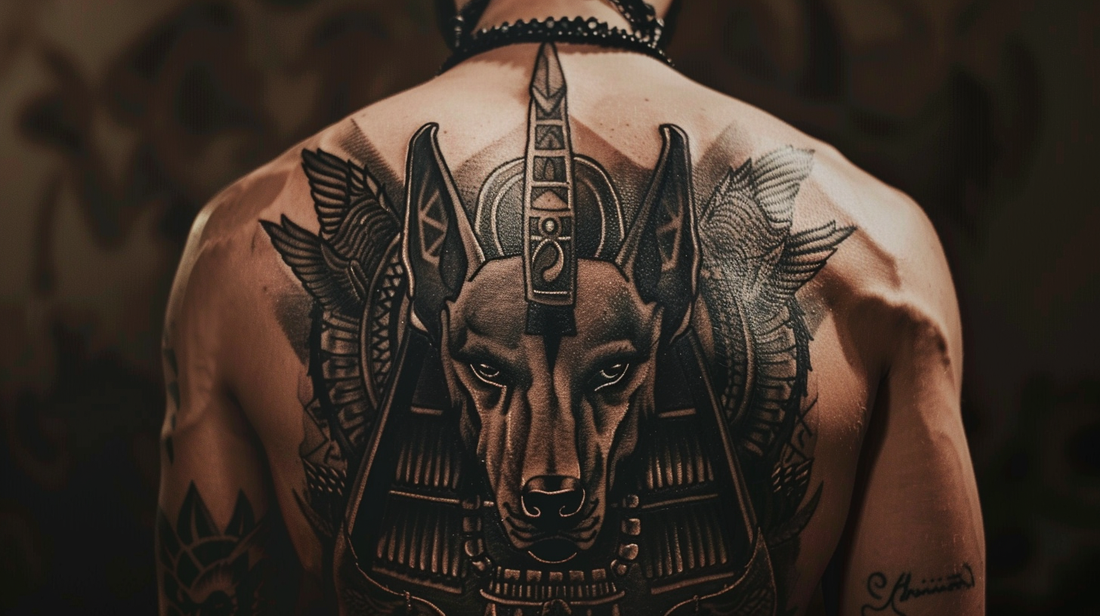 Anubis tattoo in black ink on the upper arm, featuring the jackal-headed deity in a powerful and majestic stance with intricate shading.