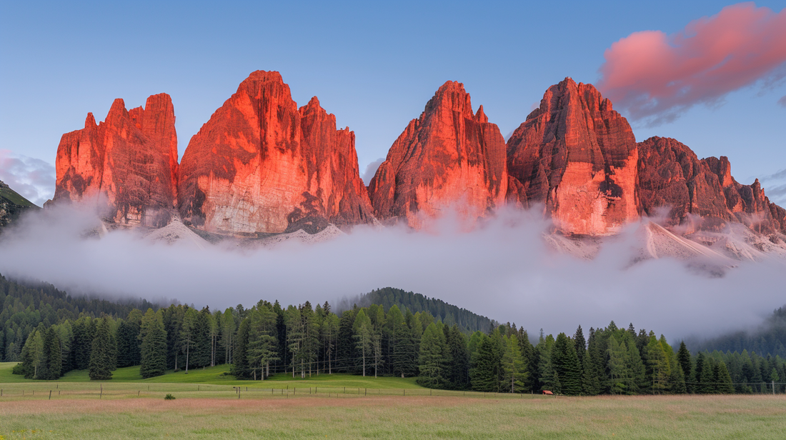 Scenic landscape of the Dolomite Mountains at sunset, with vibrant colors illuminating the peaks.