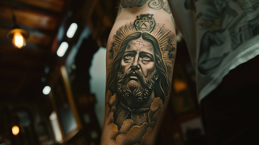 Amazing vivid and detailed San Judas tattoo on the forearm.