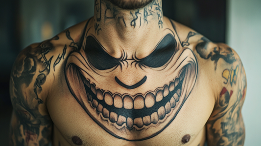 Artistic black ink smiley face tattoo on the chest.