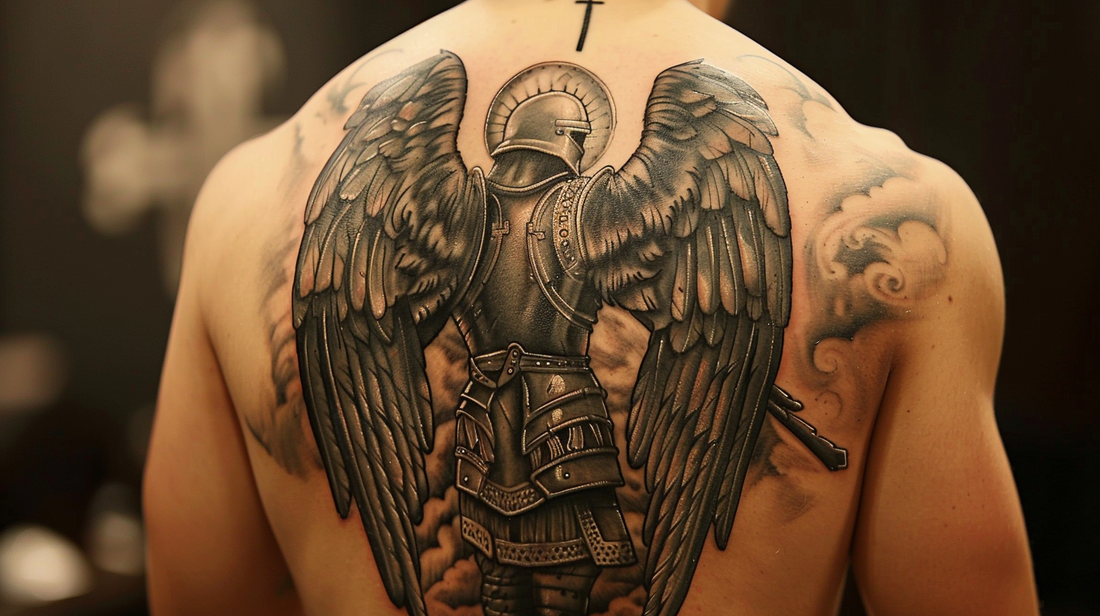 This St. Michael tattoo features the back of the warrior archangel on the back of the inked person.