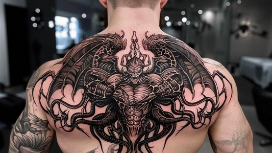 Picture of a terrific guardian angel inked on the full back of a muscular guy.