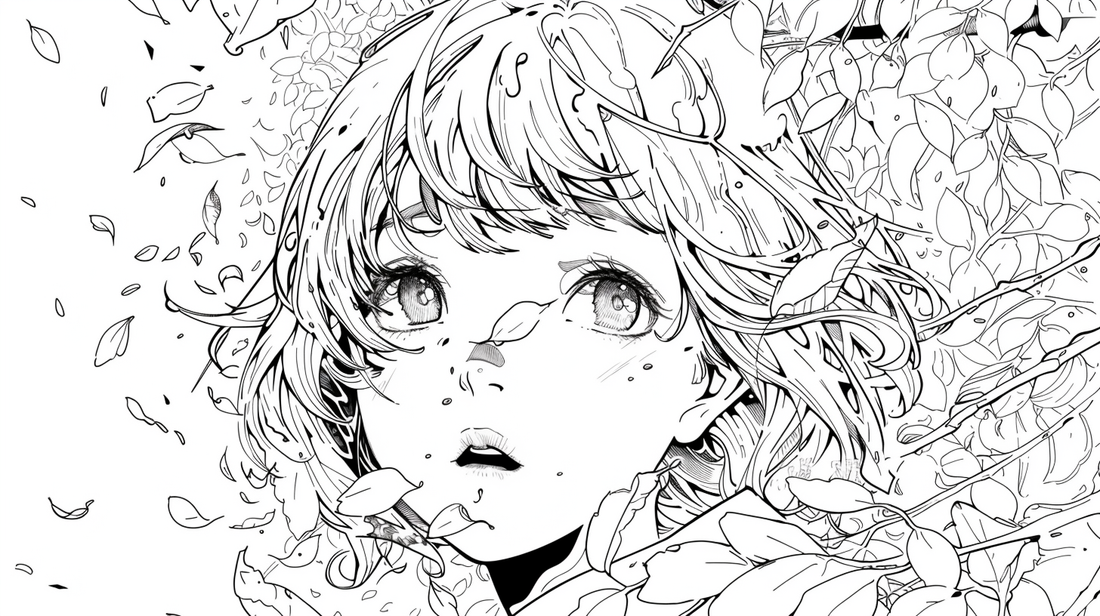 Coloring page of an anime girl with a serene expression, surrounded by intricate floral designs.