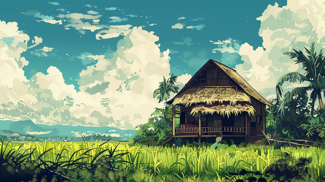 A nice bahay kubo clipart with green surroundings, blue sky and white clouds.