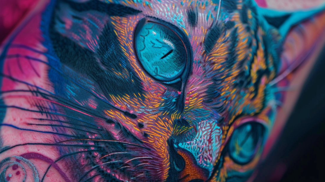 Vibrant and colorful Bastet tattoo featuring a stunning blend of pink, blue, and ultraviolet hues. 