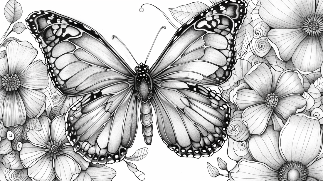 Outline of a butterfly with detailed wings and flowers in the background for coloring