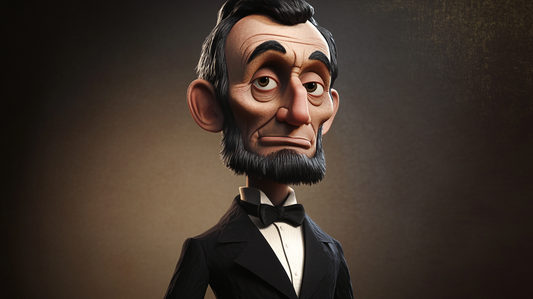 Caricature of Abraham Lincoln portrayed in a dignified manner, with his iconic top hat and beard, emphasizing his solemn and thoughtful expression.