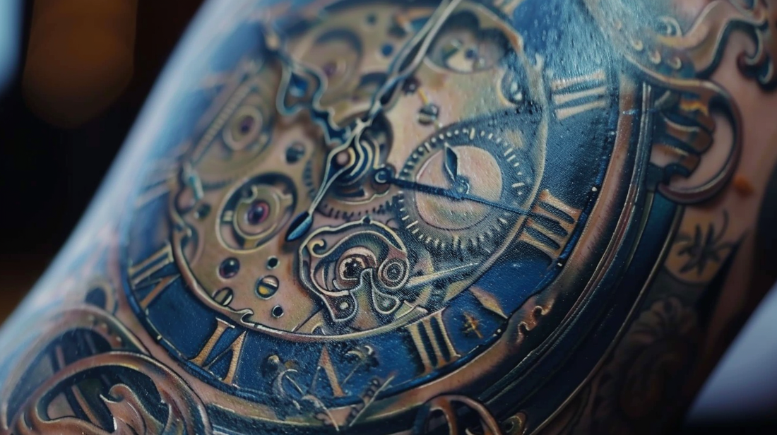 Close-up of a forearm tattoo showcasing an ornate antique clock, complete with swirling filigree designs and meticulously etched clock hands frozen in time.