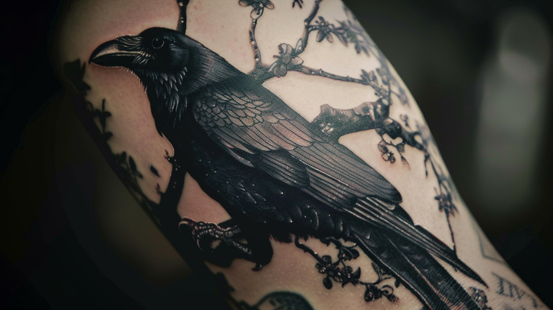 Black and white crow tattoo on forearm with intricate feather details.