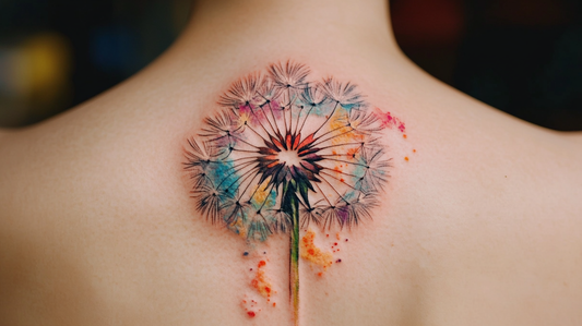 rtistic dandelion tattoo in color, with vibrant shades highlighting the petals and seeds.