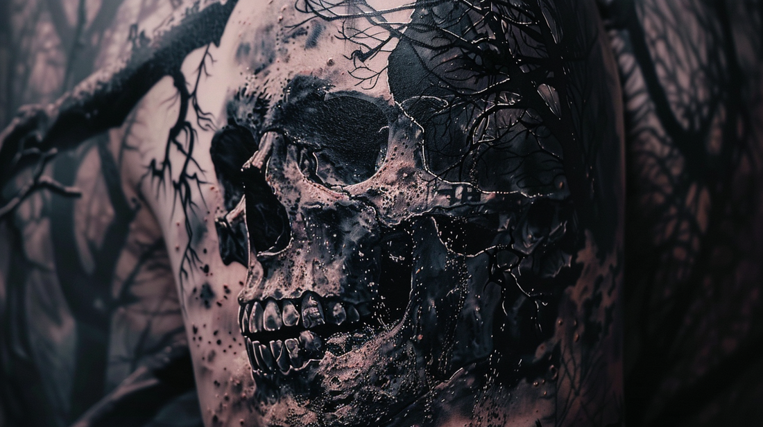 Typical dark art tattoo with an artistic skull with black ink.