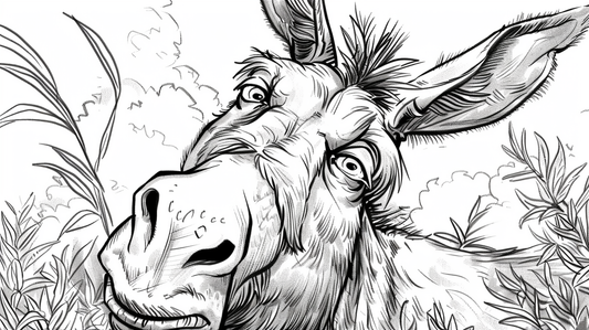  A humouros donkey coloring page with a close-up picture of a crazy donkey.