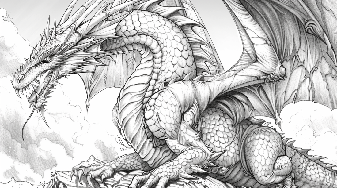 A nice coloring page featuring a huge wild dragon sitting on a cliff.