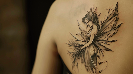 Back tattoo of an elegant fairy, capturing a magical ambiance.