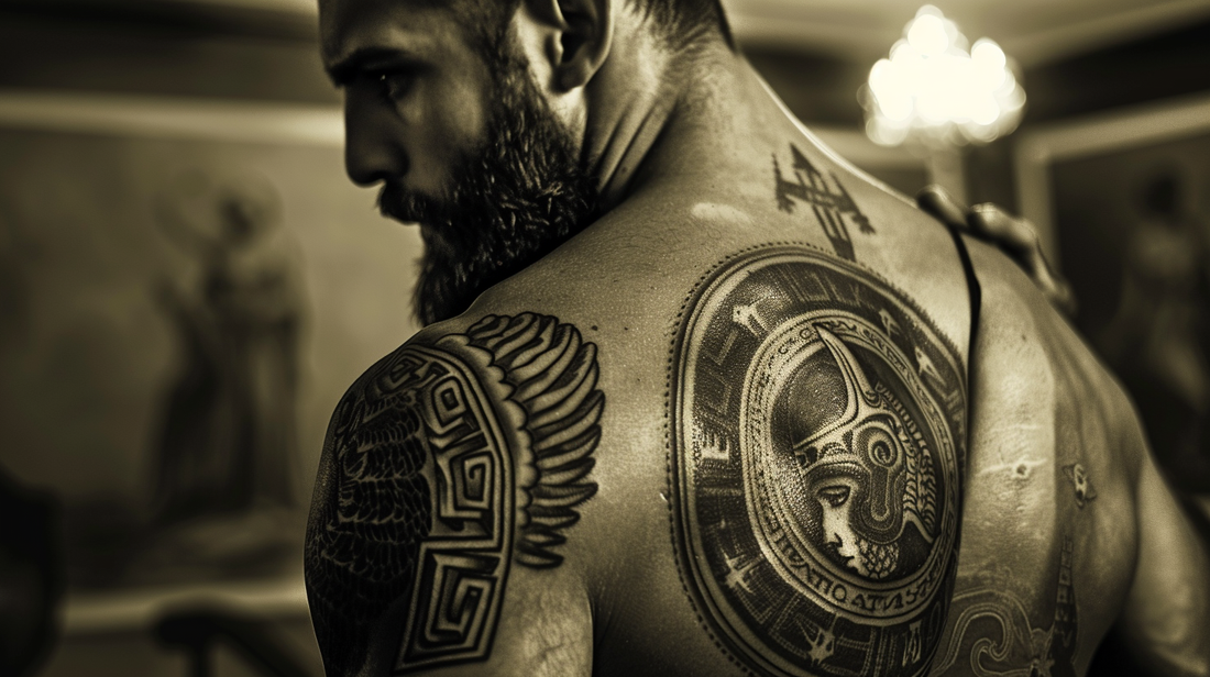 Traditional Greek tattoo on the back of a mascular man.