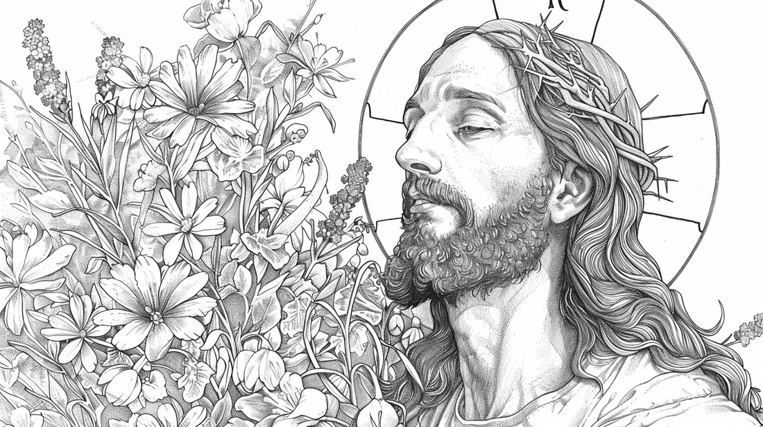 Sacred floral Jesus coloring page from our large inventory of coloring sheets.