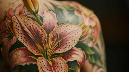 Amazing realistic lily tattoo on the back and shoulder with vivid orange and green colors.