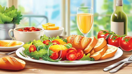 A colorful clipart illustration of a lunch table with bread, tomato, salad and more. The items are neatly arranged on the table, showcasing a balanced and healthy meal.