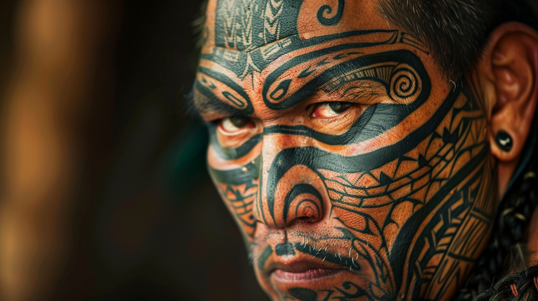 Imressive Maori tattoo on a warrior's face.