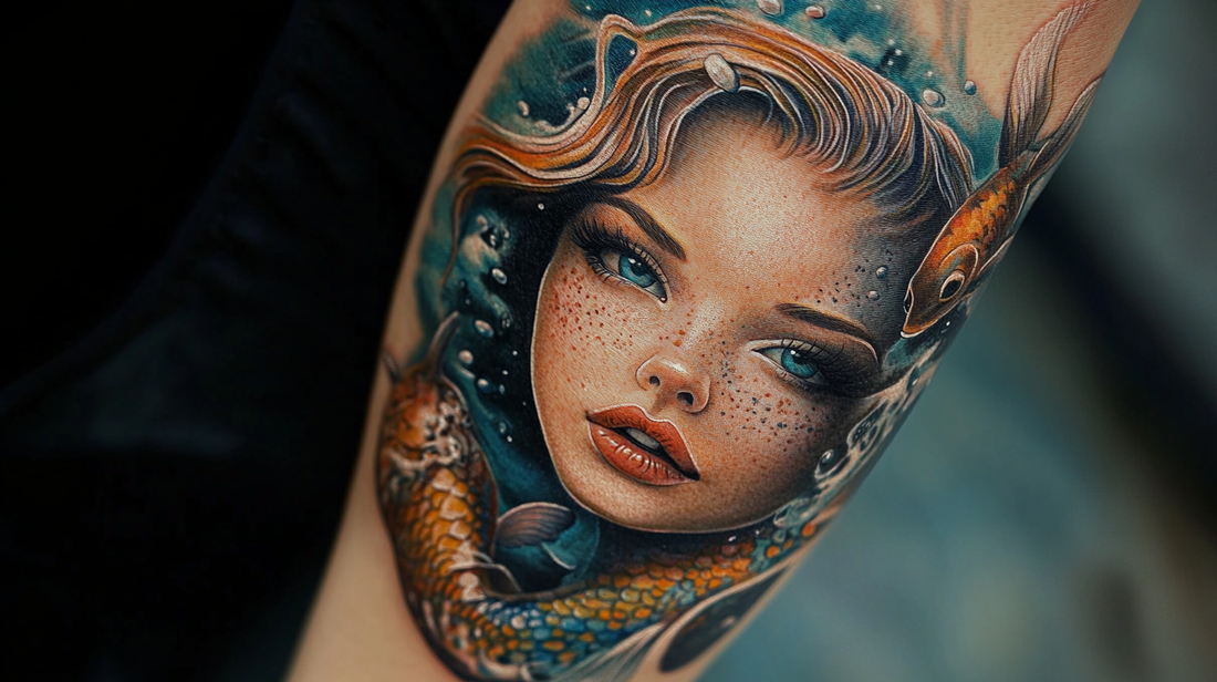 A bold mermaid tattoo showcasing intricate scales and an underwater scene with marine life.