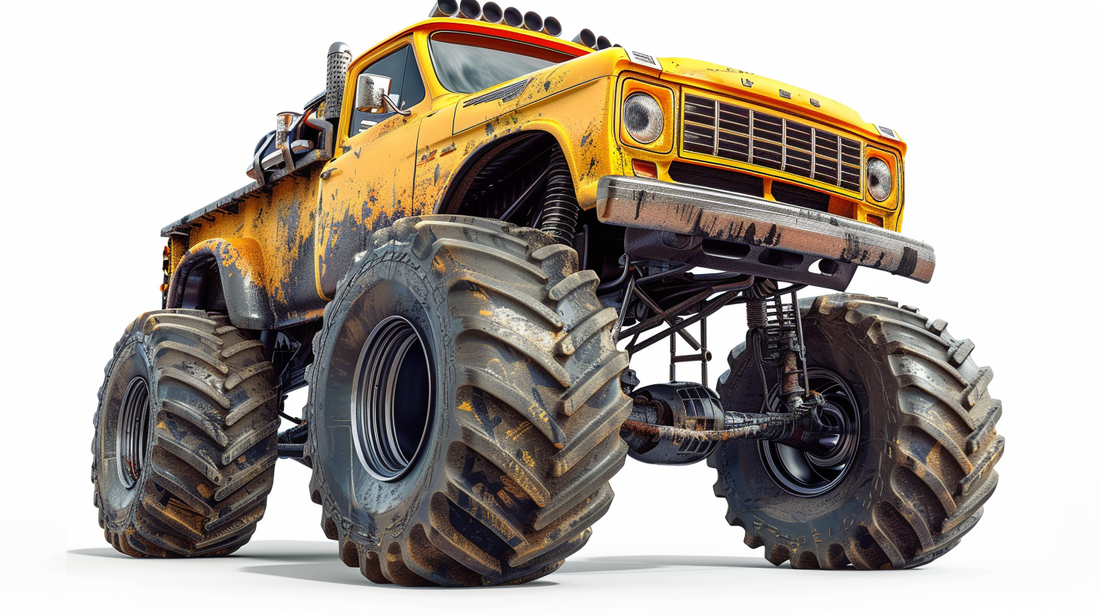 Cartoon-style monster truck clipart, featuring a yellow vehicle with huge tires and a lifted suspension.