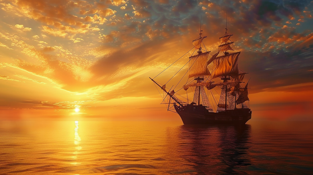 Picture about a pirate ship clipart, the ship is sailing in the beautiful sunset.