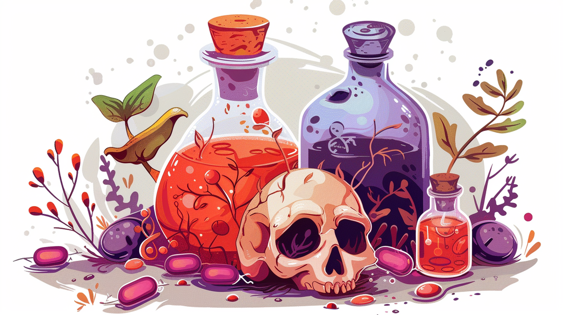 Poison clipart of bottles and a skull, perfect for spooky designs.