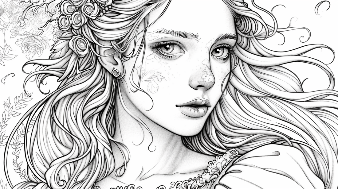 Pricess coloring page cover banner with a beautiful face fairy tale princess.