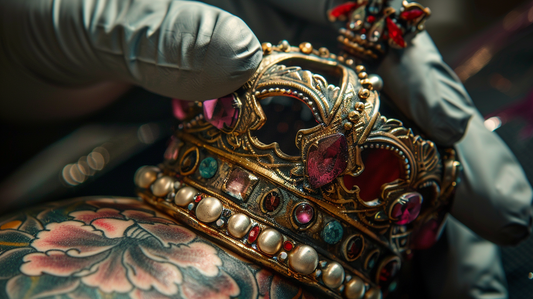 Intricate colorful tattoo of a queen's crown, featuring ornate swirls and jewel details, positioned elegantly on the back.