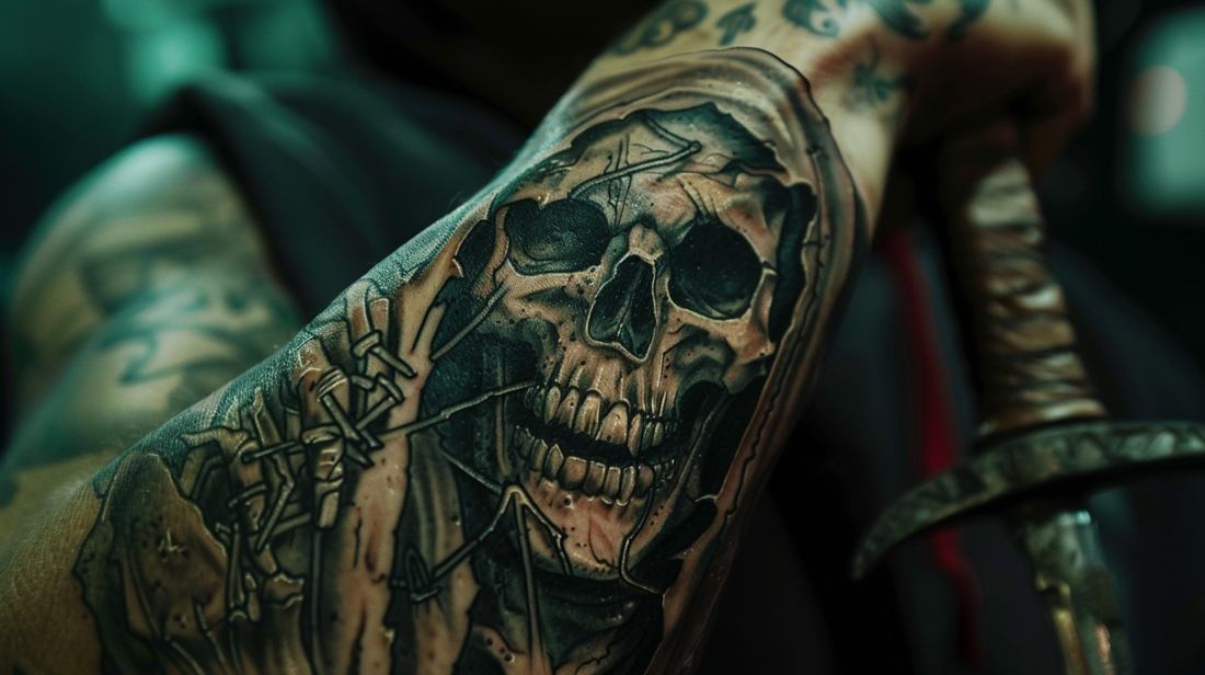 Grim reaper tattoo on the forearm of a warrior holding a sword in his hand.