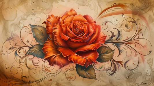 Tattoo design of a vibrant red and orange rose with intricate petal details.