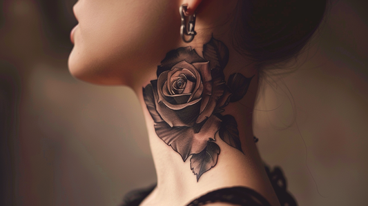 A very nice rose inking on a young lady's neck right below her earring. 