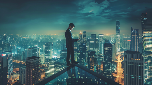 A fantastic small business pic: entrepreneur is walking on the top of a skyscraper.