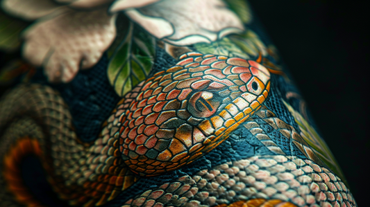 Close-up photos about a detailed, colorful snake tattoo on forearm.