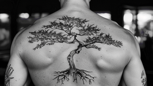 A nice wide life of tree tattoo on the back for a muscular man. Black and white photo that can be used as a tattoo stencil as well.