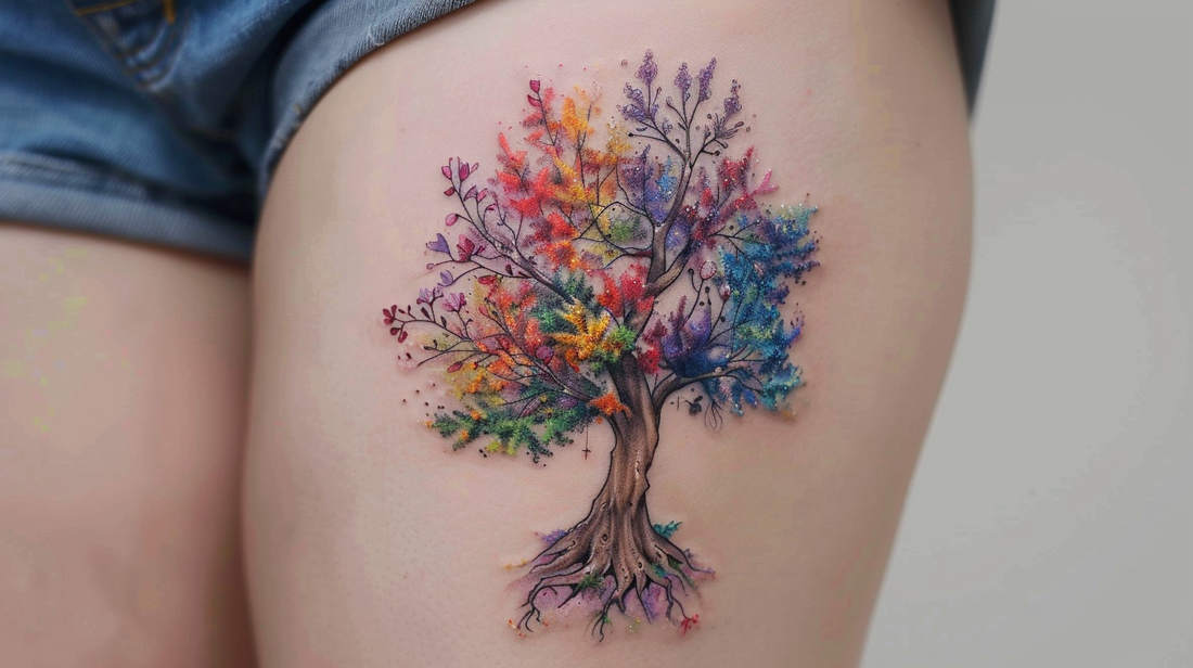 Vibrant and colorful Tree of Life tattoo on the outer thigh, showcasing a rich palette of greens, blues, and browns, with a thick trunk and sprawling branches that hold various types of flowers and leaves, embodying growth and diversity.