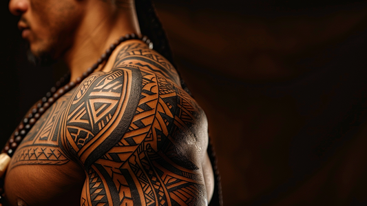 Traditional black Maori tribal tattoo on a muscular fighter's left shoulder.