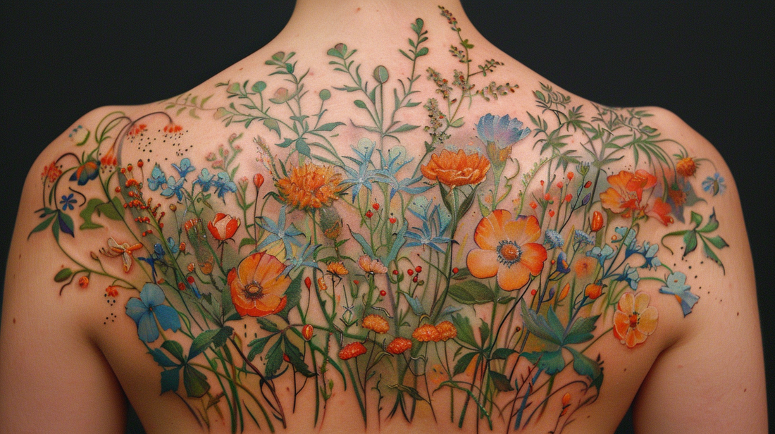 Picture about a full back tattoo with a lot of different wildflowers on a young lady's back.