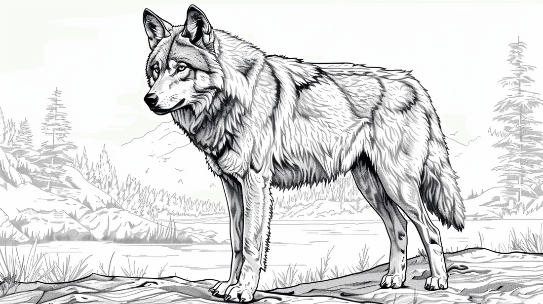 Basic coloring page example with a beautiful wolf for kids and adults.