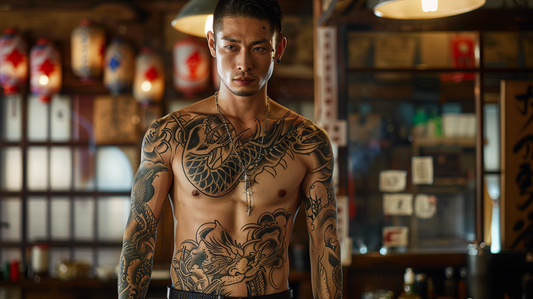 Asian man with a comprehensive Yarkuzar tattoo, highlighting traditional Japanese patterns and symbols