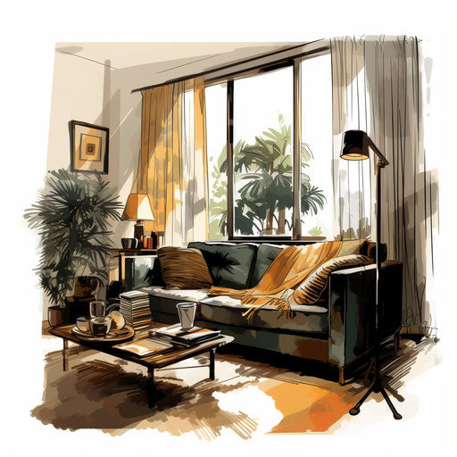 High-Res Living Room Clipart in Chiaroscuro Art Style Art: 4K & Vector